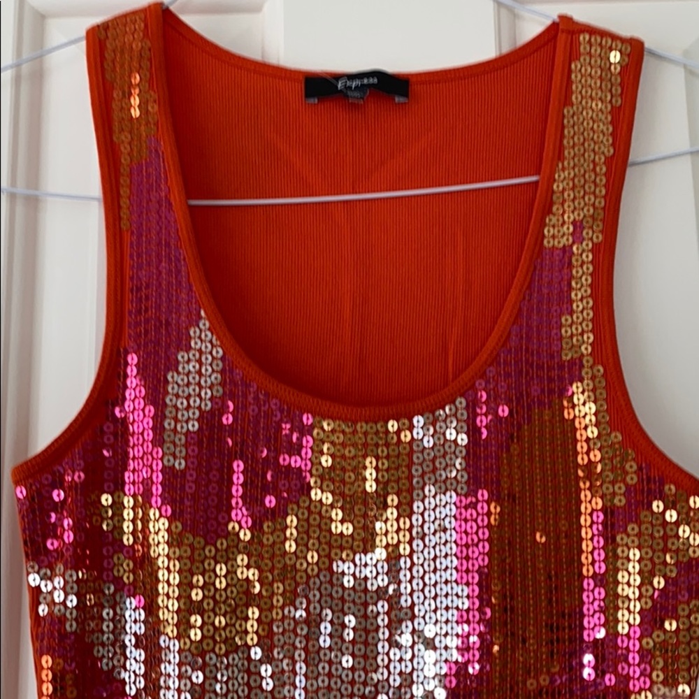 Sequin Scoop Neck Tank Top - Orange & Pink